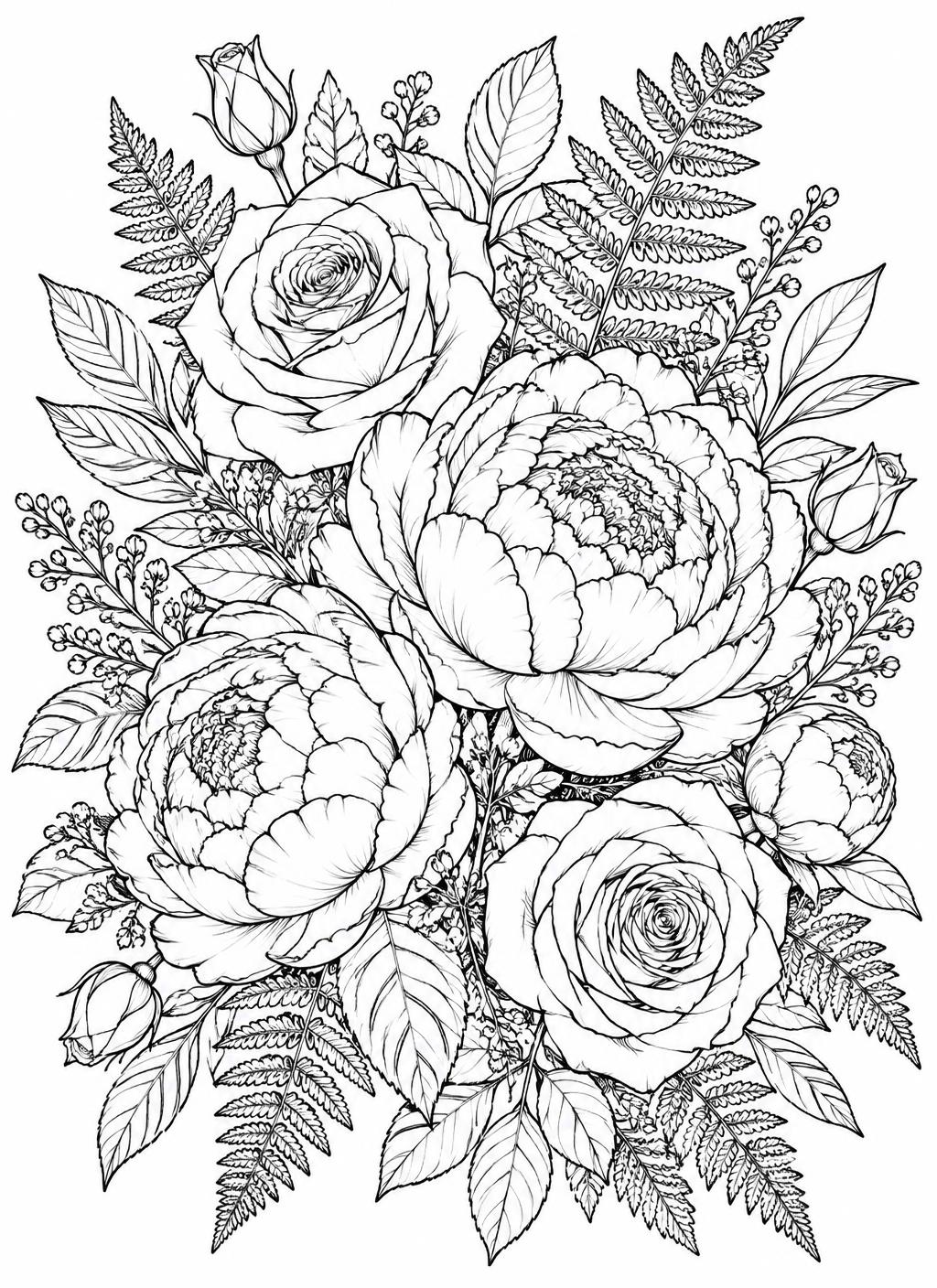 Roses and peonies colouring page