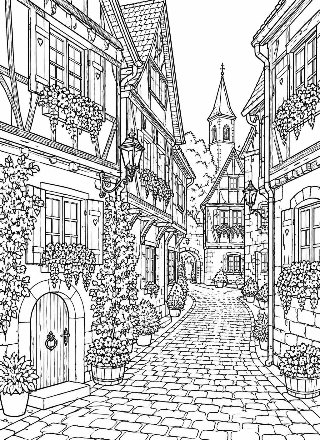 Old town street colouring page