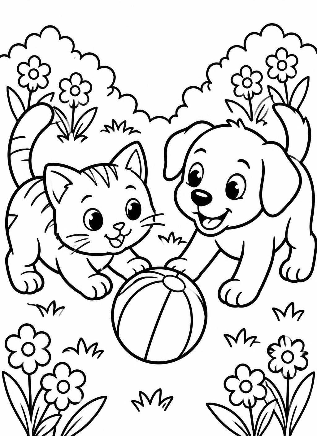 Kitten and puppy colouring page