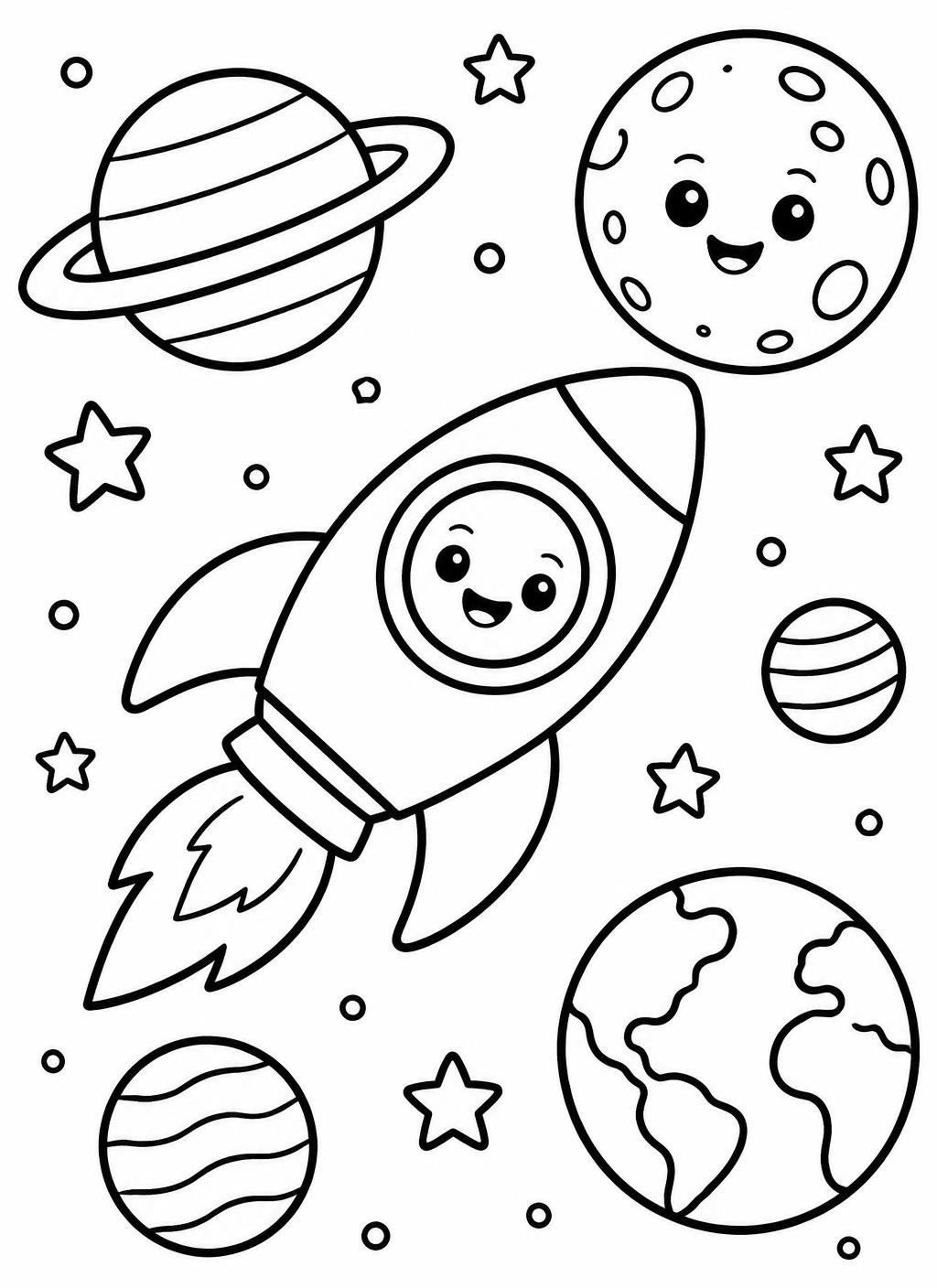 Rocket in space colouring page